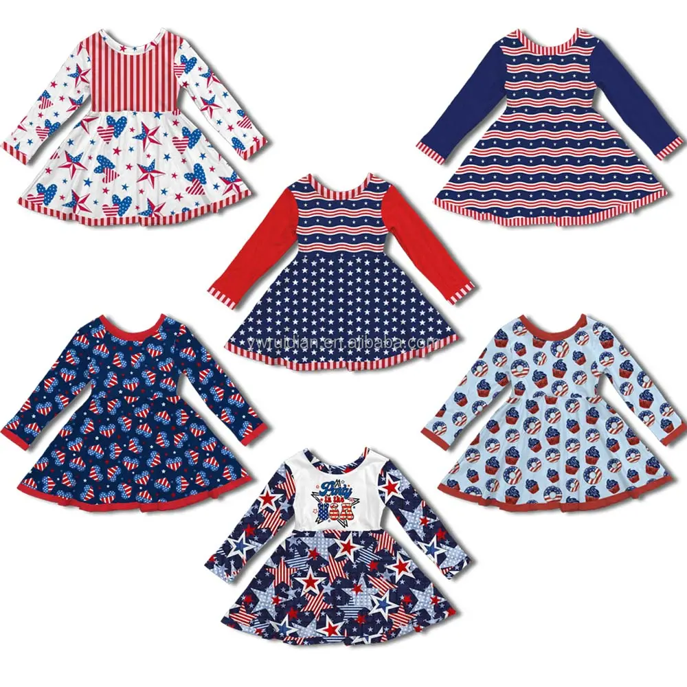 Grosir pakaian butik anak-anak gaun musim semi balita lengan panjang gaun USA produk laris manis 4 Juli