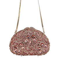 Pochette de soirée rose ornée de fleurs en strass, sac à main ovale en cristal et diamant, sac à main pour femme pour mariage ou soirée avec chaîne dorée