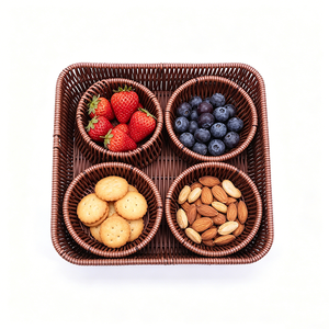 Panier en rotin avec 4 petits paniers ronds séparables, conteneur <span class=keywords><strong>de</strong></span> service multi-compartiments pour <span class=keywords><strong>fruits</strong></span> secs, noix, collations, bonbons - Product Image 6