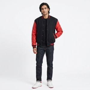 Blouson universitaire homme noir et rouge écoresponsable, style baseball classique, manches contrastantes, vêtement d'extérieur décontracté et chaud pour le quotidien - Product Image 1