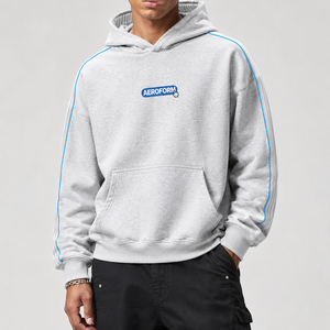 เสื้อฮู้ดดี้โอเวอร์ไซส์ผ้าคอตตอนหนา 450 กรัม สีเทา มีกระเป๋าจิงโจ้ แต่งขอบตัดสี สไตล์สตรีทแวร์ รับสกรีนโลโก้สำหรับผู้ชาย - Product Image 1