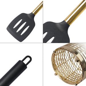 Gold Plated Handle Heat Resistant Non‑Stick <b>Silicone</b> Kitchen Utensils Set Cooking Tools with Gold Metal Storage Holder - Product Image 4