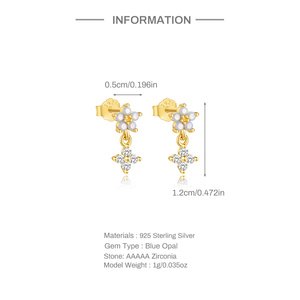 Pendentif simple en argent sterling S925 en forme de fleur à cinq pétales avec opale bleue à fond pointu et boucles d'oreilles en forme de fleur à quatre pétales - Product Image 6
