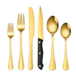 Wedding 6PCS Gold Dinner Steak Knife Spoon Fork Metal Silverware Party Mirror Polish Flatware Golden Stainless Steel Cutlery Set