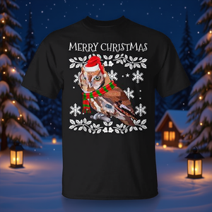 T-shirt noir motif hibou de Noël, design festif, pour les fêtes - Product Image 3