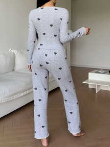 Set pakaian tidur 2 potong untuk wanita, atasan pas lengan panjang motif hati, pakaian tidur wanita pinggang elastis lembut berkerut - Product Image 2