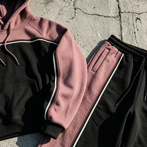 Fornitore all'Ingrosso di Tute Sportive da Uomo Personalizzate, Felpa con Cappuccio Bicolore <span class=keywords><strong>Rosa</strong></span> e Nero, <span class=keywords><strong>Pantaloni</strong></span> Larghi, Set 2 Pezzi, Stile Y2K Streetwear - Product Image 4