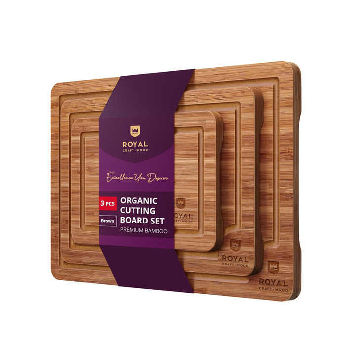 Wooden Cutting Boards for Kitchen Meal Prep & Serving - Bamboo Wood Serving Board Set with Deep Juice Groove Side Handles - Charcuterie & Chopping Butcher Block for Meat (3 Pcs)