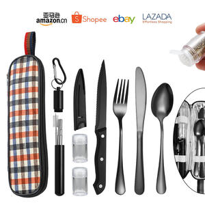 Ensemble de couverts d'extérieur en acier inoxydable avec couteau, fourchette et cuillère télescopiques dans un sac Oxford pour la randonnée, le camping et les voyages - Product Image 4