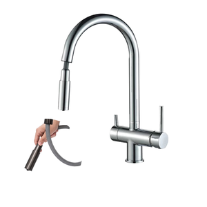 Grifo de Cocina Contemporáneo de Acero Inoxidable Color Gris Metálico, Diseño de Tirador Extraíble, Tres Vías, Doble Manija, Flexible - Product Image 6