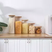 Botes herméticos para alimentos Frascos de vidrio pequeños transparentes con tapas de bambú Contenedores de almacenamiento sellados para alimentos resistentes al calor Frasco de vidrio