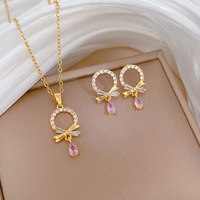 Conjunto de Collar y Aretes de Oro de 18K HY Trendy, con Zirconia, Lazo y Perla, con Cadena de Acero Inoxidable, Ideas de Regalo para Boda o Compromiso