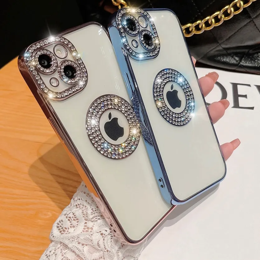 Logo Hole Bling Rhinestone for iPhone 12 14 Plus 13 Pro Max Case Glitter Diamond Luxury for iPhone 14 11 13 Pro Max Soft Cover