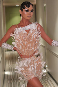 Traje de Competición Latino con Adornos de Plumas Blancas Estilo Venny - Cha-Cha/Rumba/<span class=keywords><strong>Samba</strong></span>/Jive - Product Image 2
