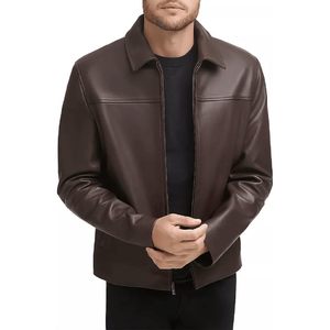 Veste en cuir d'agneau véritable pour homme, col chemise noir, style motard Cafe Racer, épaisseur standard, fermetures éclair décorées - Product Image 2
