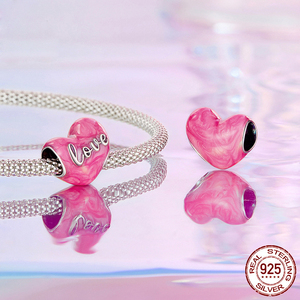S925 स्टर्लिंग स्लाइवर गुलाबी लाल प्रेम हृदय उपहार महिलाओं के लिए आकर्षक आकर्षण मोती मोती मोती - Product Image 6