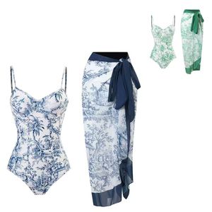 Sexy Backless One-piece Female Swimwear with Print <b>Tight</b> <b>Thin</b> Chiffon Long Skirt and Steel Bracket - Product Image 1