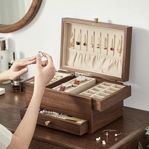 Boîte à bijoux en bois de noyer noir pour femmes 3 niveaux multi-fonctionnel tiroir organisateur boîte montre collier anneau - Product Image 6