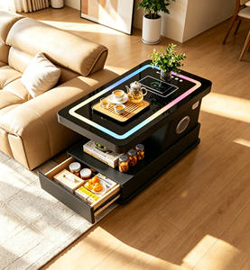 Table basse intelligente moderne avec éclairage LED, plateau en verre trempé, tiroir de rangement, meubles de salon - Product Image 2