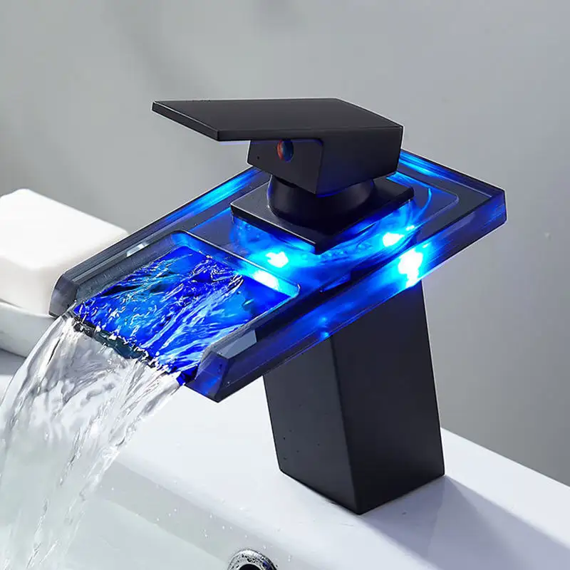 Nuevo grifo de tocador negro de cobre completo, cascada fría y caliente, grifo de lavabo con luz LED, grifo con Sensor de temperatura del agua