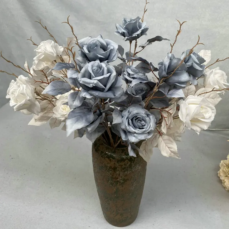 AF23129 Artificial 2 Heads Silk Rose Flowers Bouquets With Leaves Faux Plants For Wedding Home Hotel Table Decoration