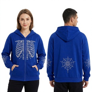 Unisex Blue Rhinestone Oversized Cotton Breathable Hoodie Skeleton Front Casual Pullover Fleece Sweatshirt Autumn Wear - Product Image 1