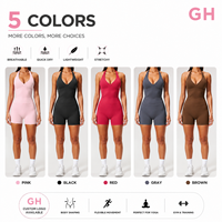 GH Ensemble de yoga et de sport d'extérieur pour femme grande taille, haute qualité, avec short à séchage rapide, col halter en V, coupe ajustée, effet push-up fessier et contrôle du ventre