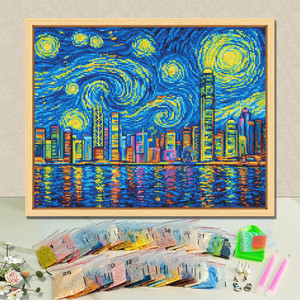 Kit de Pintura de Diamantes Estilo Moderno, Paisaje Urbano Estrellado, Taladro Redondo Impreso, Marco Rectangular, Lienzo de Arte Mural DIY - Product Image 1