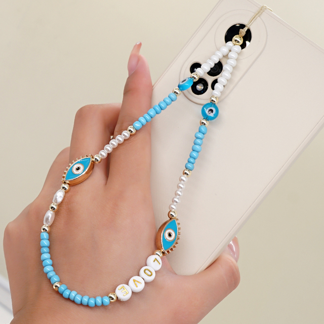 Go2boho New in Phone Chain Strap Beaded Handmade Evil Eye Seed Bead Love Letter Summer Gift for Her Girlfriend Best Friend