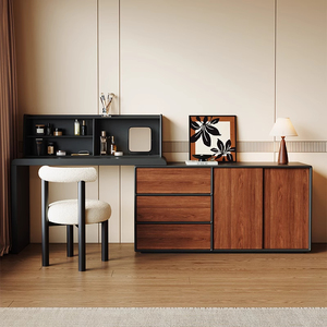 Coiffeuse moderne rétro française du milieu du siècle Tiroirs de poitrine intégrés Noyer éclairé Coin rétractable Maquillage Chambre Hôtel - Product Image 1