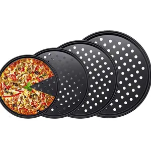 Nonstick Carbon Steel Pizza Crisper Trays Baking Pan with Holes Round Deep Dish Plate Baking Tray Mould Oven Home Kitchen Tools