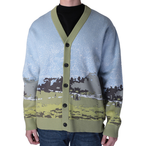 WR personalizado de alta calidad Cachemira de moda paisaje abotonado bolsillo parcheado elegante punto hombres cárdigan suéter - Product Image 2