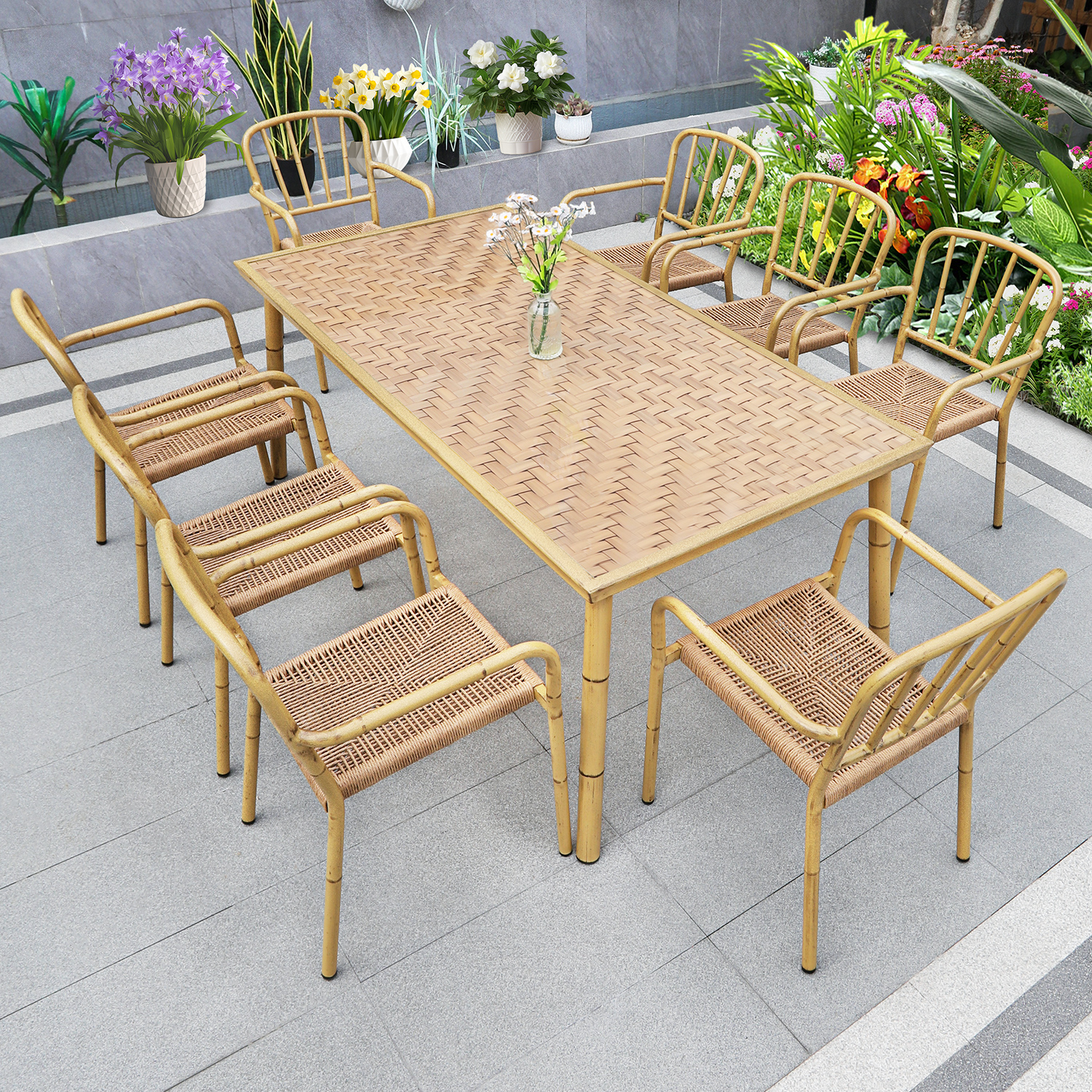 Vintage Bamboo Outdoor Seating Classic French Style Outdoor Furniture Rattan  Stackable Bistro, image size:1500x1500