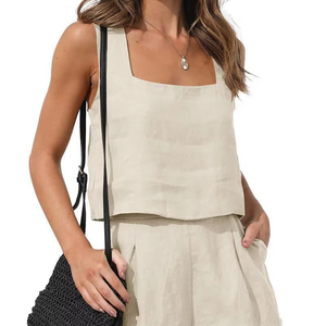 Ensemble 2 pièces en coton et lin pour femme : débardeur court à col carré et short, tenue sexy - Product Image 1