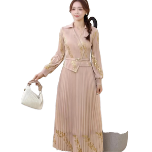 Vestido de Fiesta de Dos Piezas con Estampado Floral, Estilo Maxi, Cuello en V Asimétrico, Plisado Largo, Manga Regular, Cintura Natural - Product Image 1