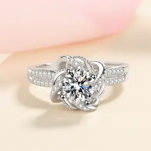 Factory Wholesale VVS Moissanite Diamond Tester 1CT Round Cut Diamond Engagement Wedding Rose Fountain Ring Fine Jewelry Women
