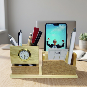 Organizador de escritorio de madera con reloj, soporte para teléfono y portalápices, regalo de oficina multifunción, estilo sencillo - Product Image 4