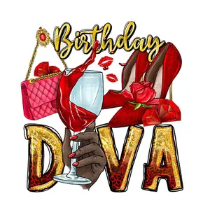 Birthday Diva Wine Hands Bag High Heels Red Diamonds Heat Transfer Printing Stickers Applique Ready To Press For Bags Shirt Garm