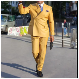 Luxus gelbe Herren anzüge für <span class=keywords><strong>Prom</strong></span> Party One Button Peaked Revers Regelmäßige Länge Maßge schneiderte lässige 2-teilige Jacke Kostüm Homme Blazer - Product Image 1