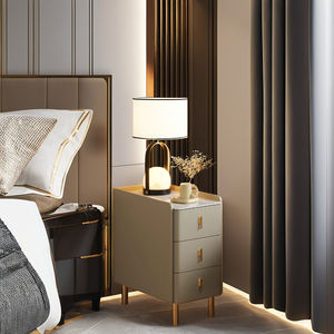 Meja Nakas Kayu Solid Ultra Tipis Minimalis Modern untuk Rumah Kecil, Kamar Tidur, dengan Tiga Laci dan Alas Batu - Product Image 3