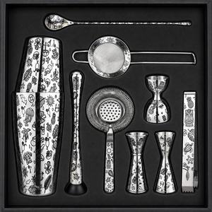 Kit de barman personnalisé OEM avec logo, 10 pièces, gravure Tiki, ensemble de shakers à cocktails en acier inoxydable 304 avec shaker <span class=keywords><strong>Boston</strong></span> lesté et doseur de bar - Product Image 2