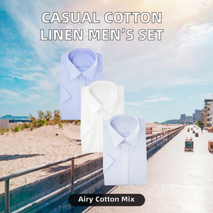 Ensemble chemise et pantalon en coton et lin pour homme, manches longues, chemise habillée unie, tenue décontractée deux pièces, vêtements d'été - Product Image 2