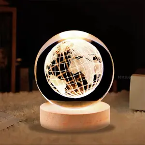 Frozen K9 Crystal 3d Laser Engraving Globe Ball Wood Base Night Light For Kids