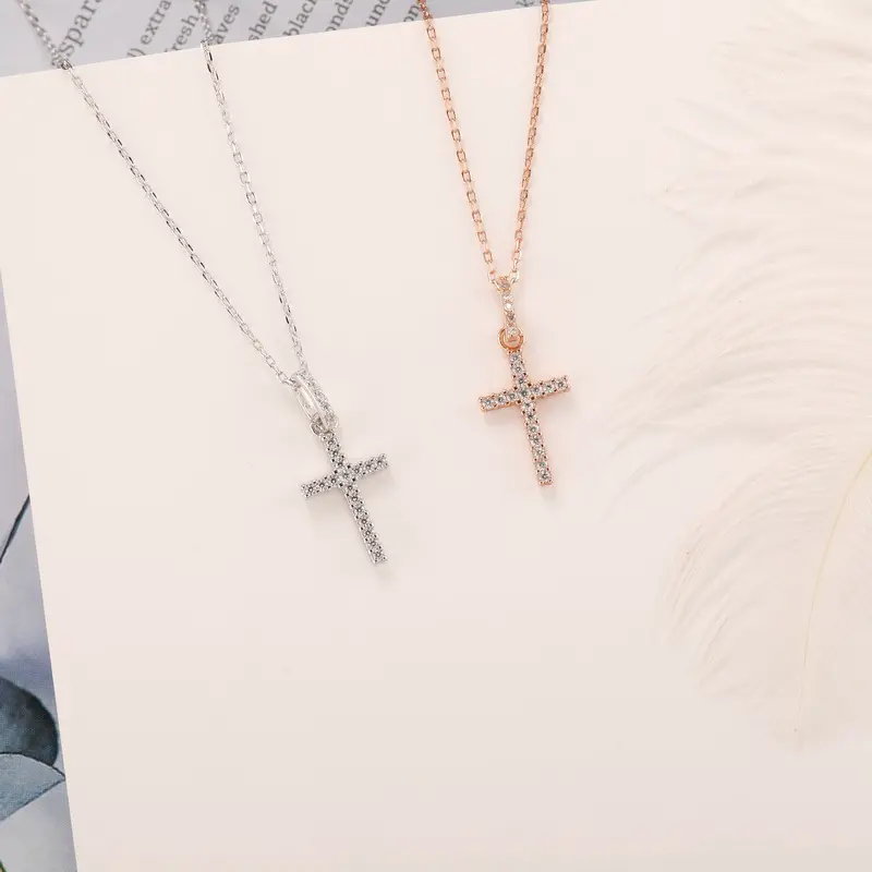 Hot sale Design Jewelry 925 Sterling Silver Rose Gold Plated Trendy CZ Crystal Diamond Cross Minimalist Necklace