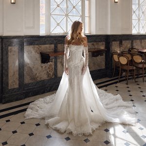 Abito da sposa a sirena 2 in 1 con spalle scoperte, maniche a campana, corsetto trasparente, pizzo floreale 3D, taglie forti, personalizzabile, all'ingrosso - Product Image 5