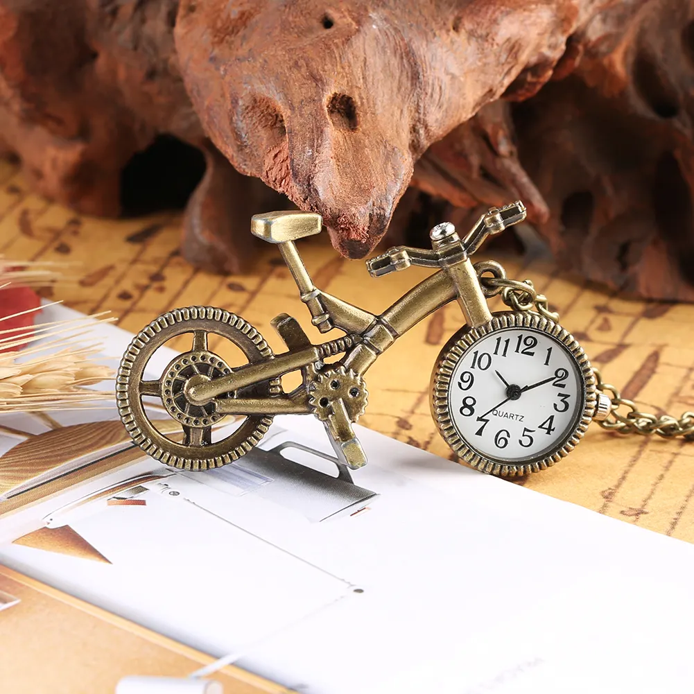 Wholesale Lovely Metal Craft Mini Cute Bike Bicycle Shaped Necklace Clock Vintage Pocket Watch With Chain For Kids Gift