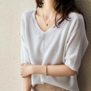 Atasan Rajut Wanita Model Baru Kerah V Lengan Setengah Warna Solid Pakaian Rajut Kaos Longgar Kasual Pullover Sweater Blus - Product Image 3