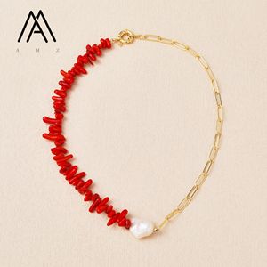 Collar de Perlas Barrocas Blancas de Agua Dulce Naturales con Plántulas de Coral Rojo y Cadena de Oro para Joyería Artesanal de Mujer - Product Image 1