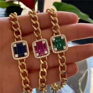 Luckyee-позолоченные браслеты из нержавеющей стали, ювелирные изделия, красочный Циркон, шестисторонний полированный браслет-цепочка для женщин
