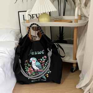 Summer Women Internal <b>Frame</b> Portable Nylon <b>Embroidery</b> Cartoon Pattern Fashion Large Capacity String Closure Shoulder Shopping - Product Image 5